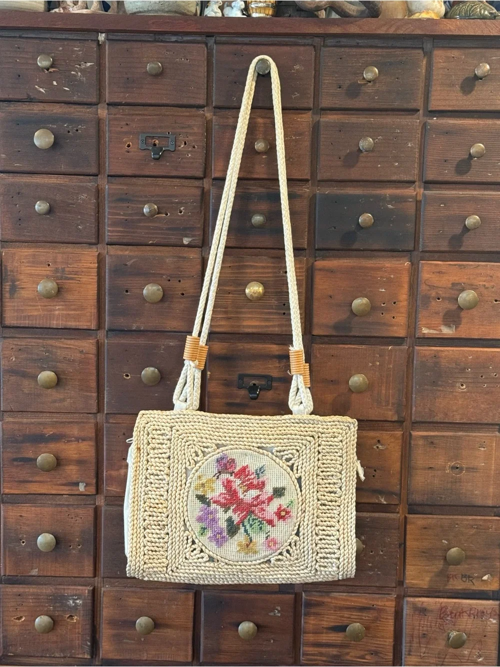 Vintage Artisan Needlepoint Purse Handbag Shoulder Bag Hemp Jute 1950s